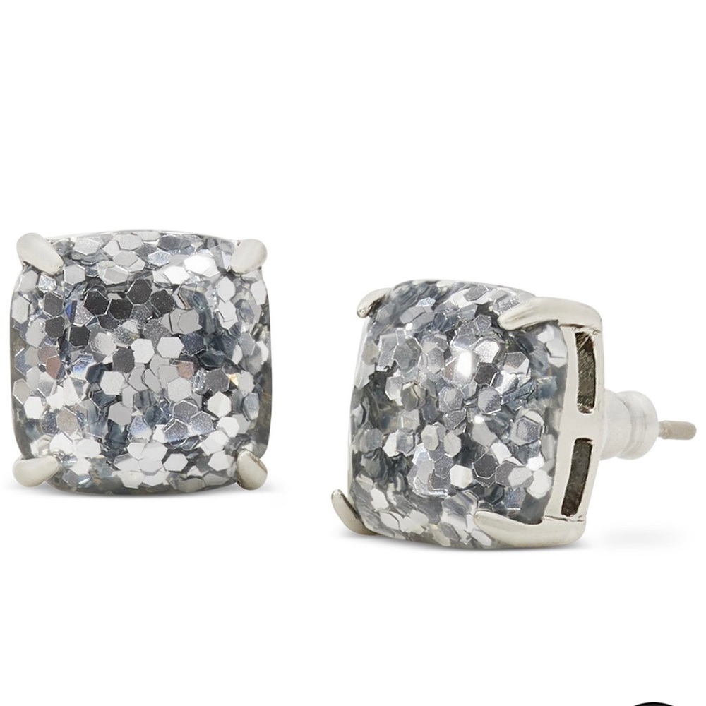 Glitter Crystal Square Stud Earrings - Silver